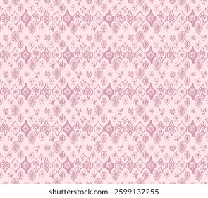 Drawing of Damascus on the wallpaper. Vintage bohemian design. Boho print in retro style. A small drawing with flowers and diamonds. Mosaic, majolica. Seamless openwork lace pattern for embroidery.
