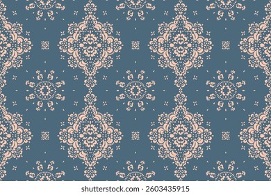 Drawing of Damascus on the wallpaper. Vintage bohemian design. Boho print in retro style. Beautiful snowflakes. Seamless openwork lace pattern for embroidery. Vintage bohemian design. Damask stencil.