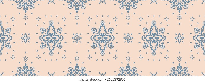 Drawing of Damascus on the wallpaper. Vintage bohemian design. Boho print in retro style. Beautiful snowflakes. Seamless openwork lace pattern for embroidery. Vintage bohemian design. Damask stencil.