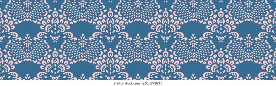 Drawing of Damascus on the wallpaper. Vintage bohemian design. Boho print in retro style. Beautiful seashell. Seamless openwork lace pattern for embroidery. Vintage bohemian design. Damask stencil.