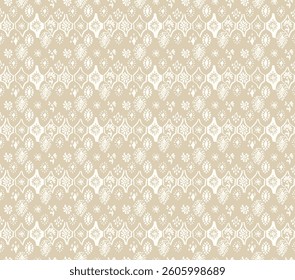 Drawing of Damascus on the wallpaper. Vintage bohemian design. Boho print in retro style. A small drawing with flowers and diamonds. Mosaic, majolica. Seamless openwork lace pattern for embroidery.
