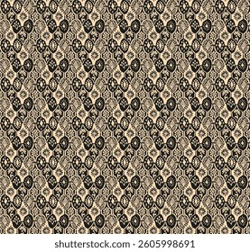 Drawing of Damascus on the wallpaper. Vintage bohemian design. Boho print in retro style. A small drawing with flowers and diamonds. Mosaic, majolica. Seamless openwork lace pattern for embroidery.
