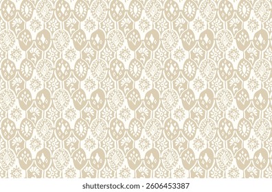 Drawing of Damascus on the wallpaper. Vintage bohemian design. Boho print in retro style. A small drawing with flowers and diamonds. Mosaic, majolica. Seamless openwork lace pattern for embroidery.