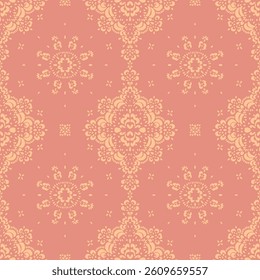 Drawing of Damascus on the wallpaper. Vintage bohemian design. Boho print in retro style. Beautiful snowflakes. Seamless openwork lace pattern for embroidery. Vintage bohemian design. Damask stencil.