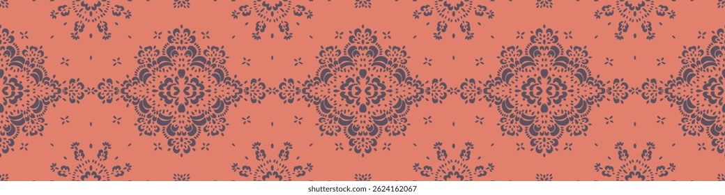 Drawing of Damascus on the wallpaper. Vintage bohemian design. Boho print in retro style. Beautiful snowflakes. Seamless openwork lace pattern for embroidery. Vintage bohemian design. Damask stencil.