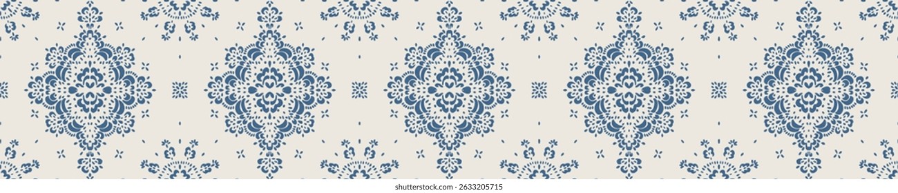 Drawing of Damascus on the wallpaper. Vintage bohemian design. Boho print in retro style. Beautiful snowflakes. Seamless openwork lace pattern for embroidery. Vintage bohemian design. Damask stencil.