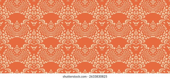 Drawing of Damascus on the wallpaper. Vintage bohemian design. Boho print in retro style. Beautiful seashell. Seamless openwork lace pattern for embroidery. Vintage bohemian design. Damask stencil.