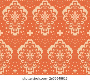 Drawing of Damascus on the wallpaper. Vintage bohemian design. Boho print in retro style. Beautiful seashell. Seamless openwork lace pattern for embroidery. Vintage bohemian design. Damask stencil.