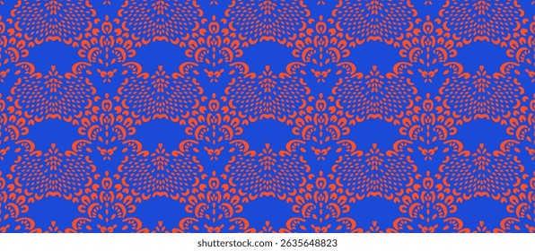 Drawing of Damascus on the wallpaper. Vintage bohemian design. Boho print in retro style. Beautiful seashell. Seamless openwork lace pattern for embroidery. Vintage bohemian design. Damask stencil.