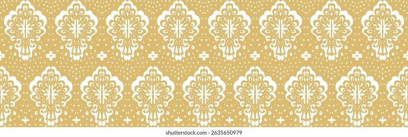 Drawing of Damascus on the wallpaper. Vintage bohemian design. Boho print in retro style. Beautiful seashell. Seamless openwork lace pattern for embroidery. Vintage bohemian design. Damask stencil.