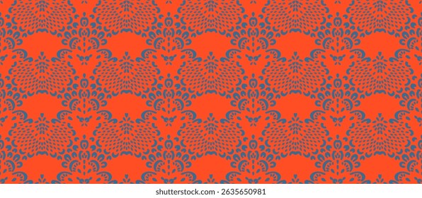 Drawing of Damascus on the wallpaper. Vintage bohemian design. Boho print in retro style. Beautiful seashell. Seamless openwork lace pattern for embroidery. Vintage bohemian design. Damask stencil.