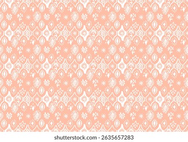 Drawing of Damascus on the wallpaper. Vintage bohemian design. Boho print in retro style. A small drawing with flowers and diamonds. Mosaic, majolica. Seamless openwork lace pattern for embroidery.