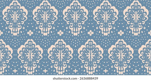 Drawing of Damascus on the wallpaper. Vintage bohemian design. Boho print in retro style. Beautiful seashell. Seamless openwork lace pattern for embroidery. Vintage bohemian design. Damask stencil.
