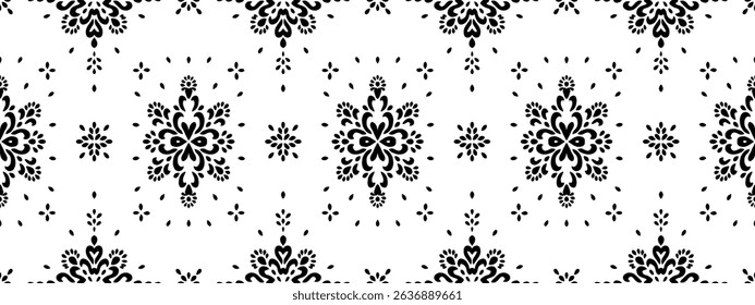 Drawing of Damascus on the wallpaper. Vintage bohemian design. Boho print in retro style. Beautiful snowflakes. Seamless openwork lace pattern for embroidery. Vintage bohemian design. Damask stencil.