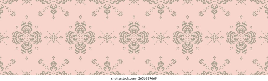 Drawing of Damascus on the wallpaper. Vintage bohemian design. Boho print in retro style. Beautiful snowflakes. Seamless openwork lace pattern for embroidery. Vintage bohemian design. Damask stencil.