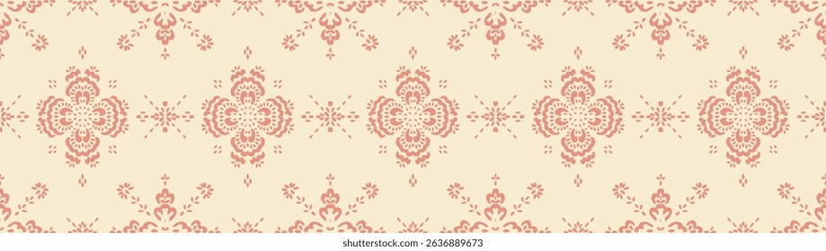Drawing of Damascus on the wallpaper. Vintage bohemian design. Boho print in retro style. Beautiful snowflakes. Seamless openwork lace pattern for embroidery. Vintage bohemian design. Damask stencil.