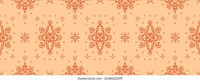 Drawing of Damascus on the wallpaper. Vintage bohemian design. Boho print in retro style. Beautiful snowflakes. Seamless openwork lace pattern for embroidery. Vintage bohemian design. Damask stencil.