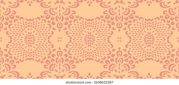 Drawing of Damascus on the wallpaper. Vintage bohemian design. Boho print in retro style. Beautiful snowflakes. Seamless openwork lace pattern for embroidery. Vintage bohemian design. Damask stencil.