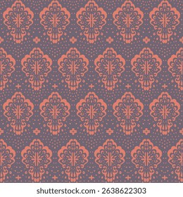 Drawing of Damascus on the wallpaper. Vintage bohemian design. Boho print in retro style. Beautiful seashell. Seamless openwork lace pattern for embroidery. Vintage bohemian design. Damask stencil.