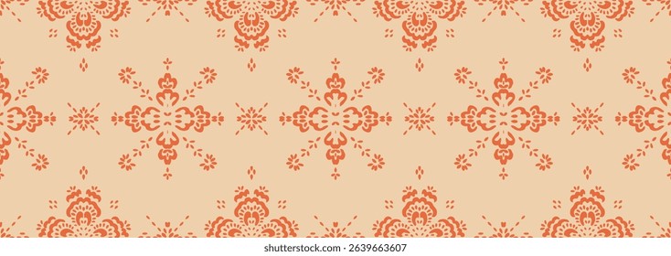 Drawing of Damascus on the wallpaper. Vintage bohemian design. Boho print in retro style. Beautiful snowflakes. Seamless openwork lace pattern for embroidery. Vintage bohemian design. Damask stencil.