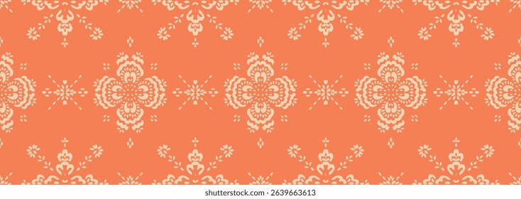 Drawing of Damascus on the wallpaper. Vintage bohemian design. Boho print in retro style. Beautiful snowflakes. Seamless openwork lace pattern for embroidery. Vintage bohemian design. Damask stencil.