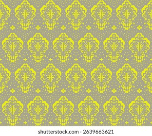 Drawing of Damascus on the wallpaper. Vintage bohemian design. Boho print in retro style. Beautiful seashell. Seamless openwork lace pattern for embroidery. Vintage bohemian design. Damask stencil.