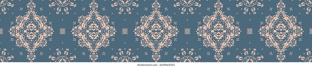 Drawing of Damascus on the wallpaper. Vintage bohemian design. Boho print in retro style. Beautiful snowflakes. Seamless openwork lace pattern for embroidery. Vintage bohemian design. Damask stencil.