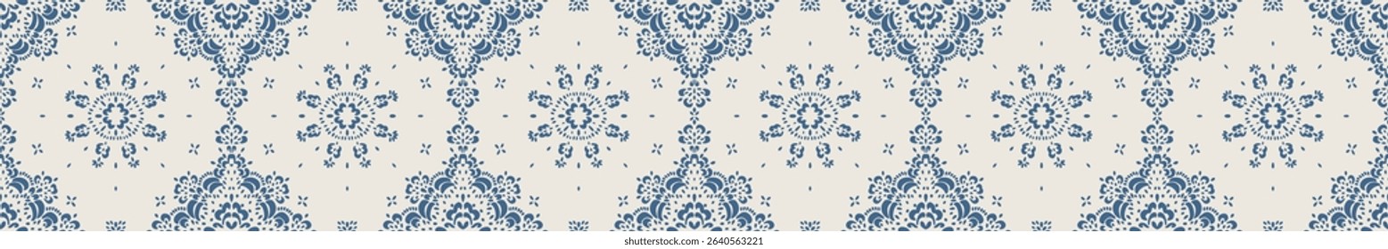 Drawing of Damascus on the wallpaper. Vintage bohemian design. Boho print in retro style. Beautiful snowflakes. Seamless openwork lace pattern for embroidery. Vintage bohemian design. Damask stencil.