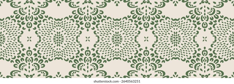 Drawing of Damascus on the wallpaper. Vintage bohemian design. Boho print in retro style. Beautiful snowflakes. Seamless openwork lace pattern for embroidery. Vintage bohemian design. Damask stencil.