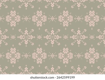 Drawing of Damascus on the wallpaper. Vintage bohemian design. Boho print in retro style. Beautiful snowflakes. Seamless openwork lace pattern for embroidery. Vintage bohemian design. Damask stencil.