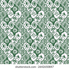 Drawing of Damascus on the wallpaper. Vintage bohemian design. Boho print in retro style. A small drawing with flowers and diamonds. Mosaic, majolica. Seamless openwork lace pattern for embroidery.