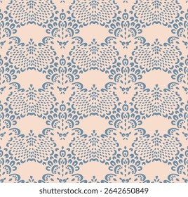 Drawing of Damascus on the wallpaper. Vintage bohemian design. Boho print in retro style. Beautiful seashell. Seamless openwork lace pattern for embroidery. Vintage bohemian design. Damask stencil.