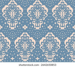 Drawing of Damascus on the wallpaper. Vintage bohemian design. Boho print in retro style. Beautiful seashell. Seamless openwork lace pattern for embroidery. Vintage bohemian design. Damask stencil.
