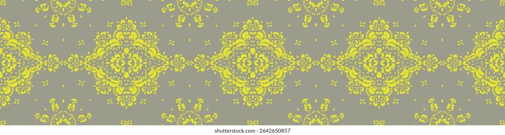 Drawing of Damascus on the wallpaper. Vintage bohemian design. Boho print in retro style. Beautiful snowflakes. Seamless openwork lace pattern for embroidery. Vintage bohemian design. Damask stencil.