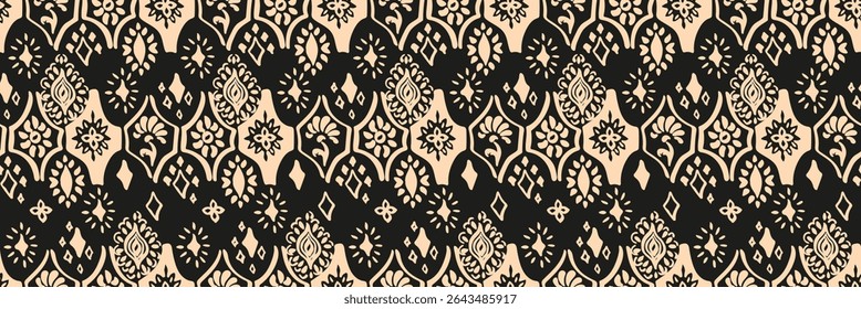 Drawing of Damascus on the wallpaper. Vintage bohemian design. Boho print in retro style. A small drawing with flowers and diamonds. Mosaic, majolica. Seamless openwork lace pattern for embroidery.