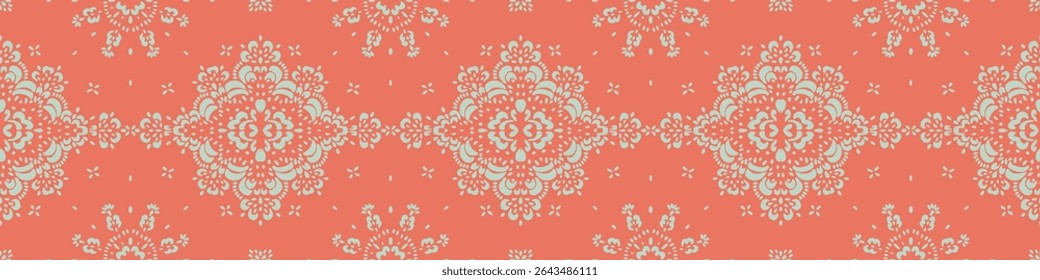Drawing of Damascus on the wallpaper. Vintage bohemian design. Boho print in retro style. Beautiful snowflakes. Seamless openwork lace pattern for embroidery. Vintage bohemian design. Damask stencil.