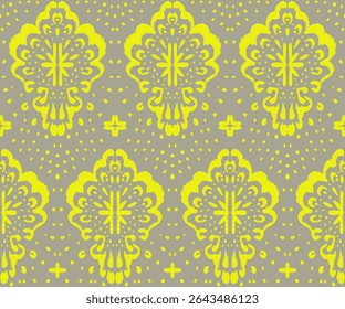 Drawing of Damascus on the wallpaper. Vintage bohemian design. Boho print in retro style. Beautiful seashell. Seamless openwork lace pattern for embroidery. Vintage bohemian design. Damask stencil.