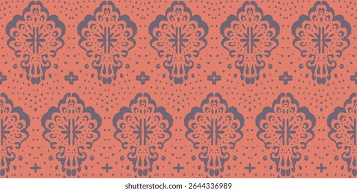 Drawing of Damascus on the wallpaper. Vintage bohemian design. Boho print in retro style. Beautiful seashell. Seamless openwork lace pattern for embroidery. Vintage bohemian design. Damask stencil.