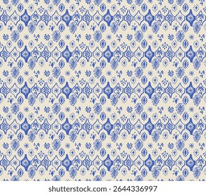 Drawing of Damascus on the wallpaper. Vintage bohemian design. Boho print in retro style. A small drawing with flowers and diamonds. Mosaic, majolica. Seamless openwork lace pattern for embroidery.