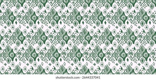 Drawing of Damascus on the wallpaper. Vintage bohemian design. Boho print in retro style. A small drawing with flowers and diamonds. Mosaic, majolica. Seamless openwork lace pattern for embroidery.