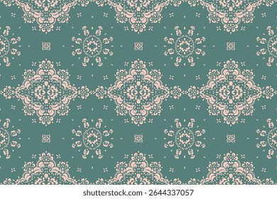 Drawing of Damascus on the wallpaper. Vintage bohemian design. Boho print in retro style. Beautiful snowflakes. Seamless openwork lace pattern for embroidery. Vintage bohemian design. Damask stencil.