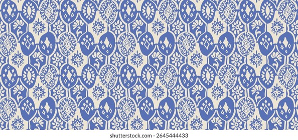 Drawing of Damascus on the wallpaper. Vintage bohemian design. Boho print in retro style. A small drawing with flowers and diamonds. Mosaic, majolica. Seamless openwork lace pattern for embroidery.