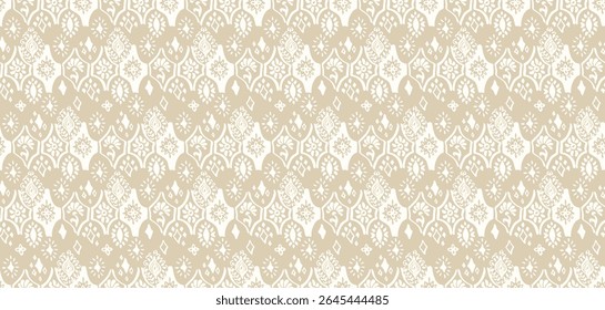 Drawing of Damascus on the wallpaper. Vintage bohemian design. Boho print in retro style. A small drawing with flowers and diamonds. Mosaic, majolica. Seamless openwork lace pattern for embroidery.