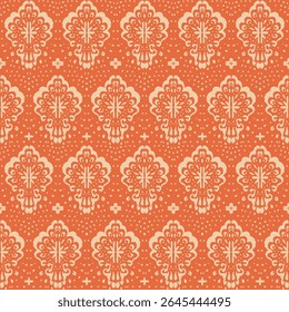 Drawing of Damascus on the wallpaper. Vintage bohemian design. Boho print in retro style. Beautiful seashell. Seamless openwork lace pattern for embroidery. Vintage bohemian design. Damask stencil.