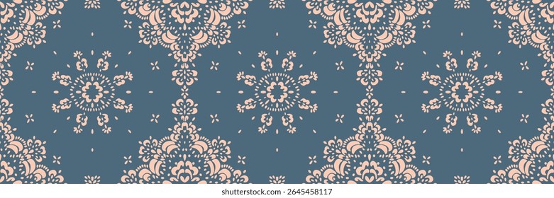 Drawing of Damascus on the wallpaper. Vintage bohemian design. Boho print in retro style. Beautiful snowflakes. Seamless openwork lace pattern for embroidery. Vintage bohemian design. Damask stencil.