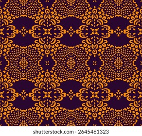 Drawing of Damascus on the wallpaper. Vintage bohemian design. Boho print in retro style. Beautiful snowflakes. Seamless openwork lace pattern for embroidery. Vintage bohemian design. Damask stencil.