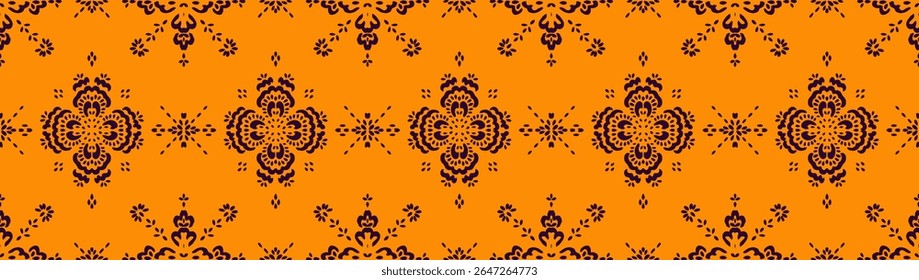 Desenho de Damasco no papel de parede. Design boêmio vintage. Impressão Boho em estilo retrô. Bonitos flocos de neve. Padrão de laço de trabalho aberto sem costura para bordados. Design boêmio vintage. Estêncil de damasco.