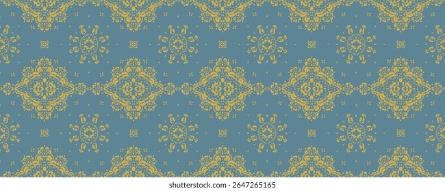 Desenho de Damasco no papel de parede. Design boêmio vintage. Impressão Boho em estilo retrô. Bonitos flocos de neve. Padrão de laço de trabalho aberto sem costura para bordados. Design boêmio vintage. Estêncil de damasco.
