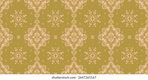 Desenho de Damasco no papel de parede. Design boêmio vintage. Impressão Boho em estilo retrô. Bonitos flocos de neve. Padrão de laço de trabalho aberto sem costura para bordados. Design boêmio vintage. Estêncil de damasco.