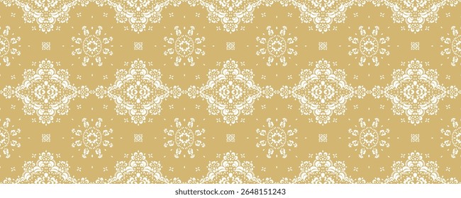 Desenho de Damasco no papel de parede. Design boêmio vintage. Impressão Boho em estilo retrô. Bonitos flocos de neve. Padrão de laço de trabalho aberto sem costura para bordados. Design boêmio vintage. Estêncil de damasco.